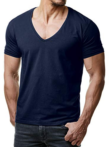 Re Rock Young & Rich - Camiseta para hombre, en 12 colores, con cuello de pico, corte ajustado y monocolor - tallas de la S hasta 3XL azul oscuro S