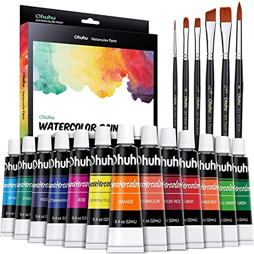 Aquarellfarben Set, Ohuhu 24 Farben Wasserfarben (12ml/Röhre) & 6 Aquarellpinsel - Ungiftig, Reiches Pigment & Schnell Trocknend Watercolor für Künstler und Malbegeisterte