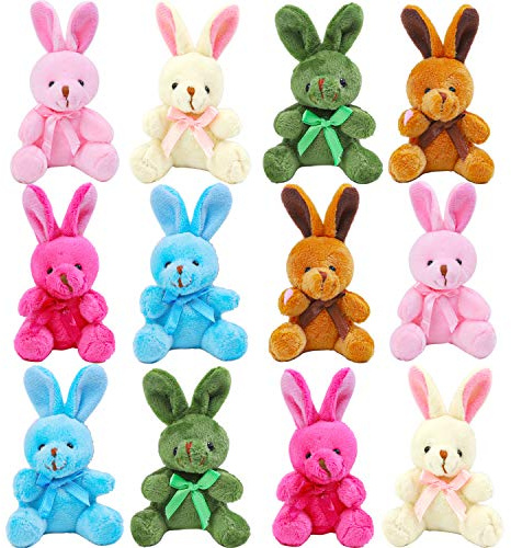 Elcoho 12 Pack Easter Plush Bunny Toys Small Bunny Stuffed Animals Plush Rabbit Easter Egg Filler Basket Stuffers Party Favors Gift Toys