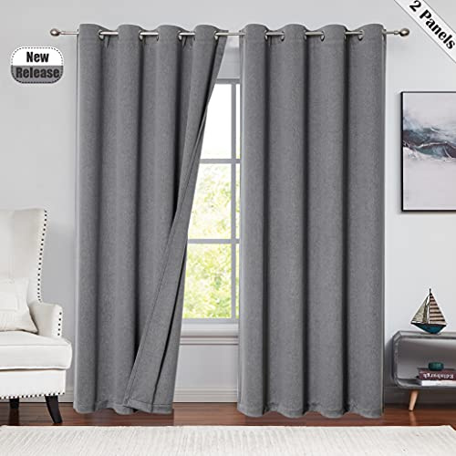 Beauoop Dark Grey 90% Blackout Linen Curtains for Bedroom Living Room 72 Inch Drop Eyelet Curtain Thermal Insulated Room Darkening Energy Efficient Drapes Grommet Top Window Treatment Set 2 Panels