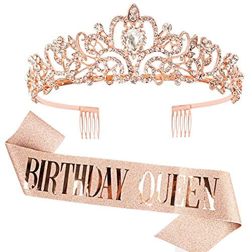 COCIDE Rose Gold Birthday Sash & Birthday Tiara Set - Crowns and Tiaras for Women Decorations Kit Rhinestone Queen Headband for Girl Glitter Crystal Hair Accessories for Party Cake Topper Favors Gift
