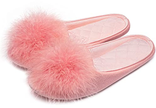 GRITHEIM Women's Fuzzy Pom Pom Feather Velvet House Slippers Sexy Cozy Bedroom Slippers for Ladies Non-slip Sole Indoor Outdoor Pink 7-8