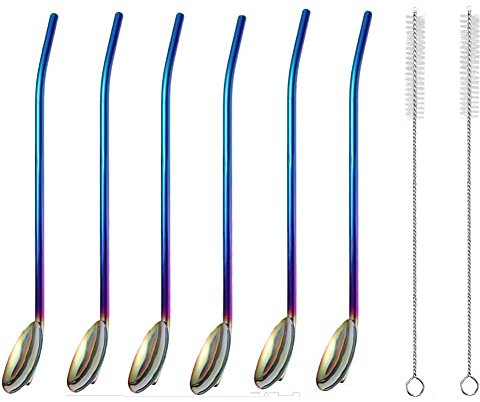 MAGICVOGEL 6 Stück 21.6cm Trinkhalmlöffel Edelstahl Strohhalmlöffel lang Trinklöffel Trinkhalm mit 2 Reinigungsbürsten Wiederverwendbar Kaffeelöffel Dessertlöffel (Bunt)