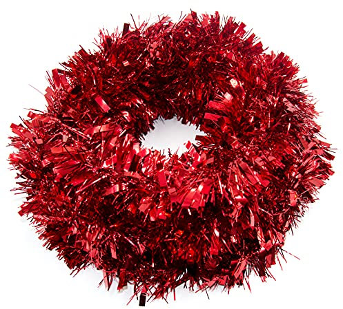 6M Red Fluffy and Shiny Tinsel for Xmas Tree, Metallic Chunky Tinsel for Xmas Party Backdrops, Wall Garland, Indoor and Outdoor Decor