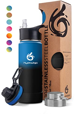 hydro2go Edelstahl Trinkflasche, BPA-frei, trinkflasche mit strohhalm, für Kinder, Sport & Outdoor, 12h heiß/24h kalt, 3 Verschlüsse, 530 ml (Space)