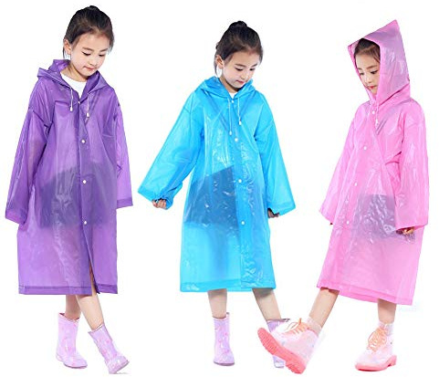 AUFIKR Kids Rain Ponchos, 3 Packs Portable Reusable Emergency Raincoats for 6-12 Years Old for Camping Hiking Traveling Backpacking
