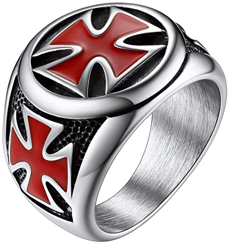 FaithHeart Anillo Religioso Sello Redondo Cruz Roja para Hombres Anillo Simple Retro de Caballeros Templarios Joyería Retro Acero Inoxidable 316L para Dedos Talla 10