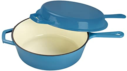 ECHTWERK Set casseruola e padella per grigliare 2 in 1, Casseruola in ghisa con coperchio, Casseruola in ghisa con rivestimento smaltato, Adatto per forno e induzione, Azzurro, 2,5 L, Ø 25,2 cm