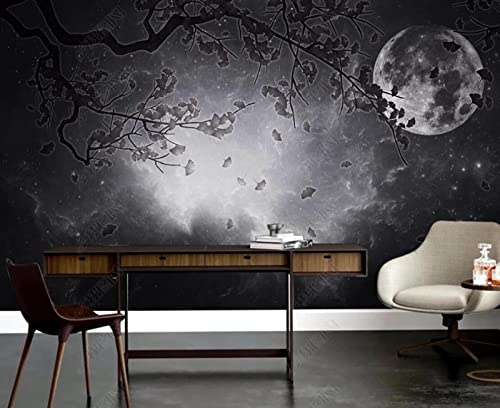 Papier Peint Panoramique Noir Et Gris Ciel Étoilé Fleurs Et Oiseaux 3D Poster Mural pour Salon Chambre Décoration Murale
