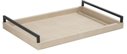 Sagala Elfenbein Shagreen Serviertablett für Ottomane, Kunstleder Holz Dekoratives Tablett mit schwarzem Griff für Couchtisch Konsole Tisch Buffet Wohnzimmer (Elfenbein)