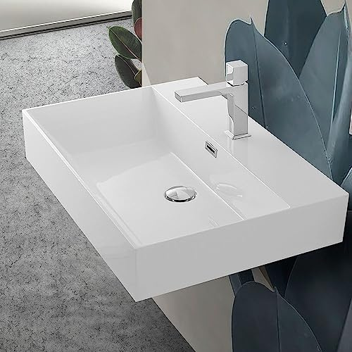 Lavabo bagno sospeso 70 cm in resina bianco lucido, installazione sospesa o d’appoggio, antigraffio e anti-ingiallimento