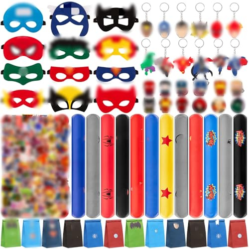Heartsking 110Pcs Superhelden Mitgebsel Kindergeburtstag, Geburtstagsdeko Geburtstag Deko 12 Schnapparmband 50 Aufkleber 12 Masken 12 Geburtstagstüten 12 Schlüsselschnalle 12 Schuhanhänger für Clogs