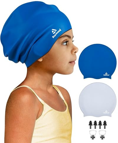Reymand 2 Pack Kids Extra Large Swimming Cap for Long Thick Hair, Waterproof Silicone Swimming Hat for Toddler Child Youth Girls Boys, Durable Swim Cap Bathing Caps for Braids, Afros(Navy+Grey)