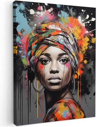 MuchoWow© Cuadros Salon Modernos Adornos Pared Decorativos Dormitorio | 50x70 cm - Lienzo Pinturas Quadro Decoración Mujer - Pañuelo - Graffiti - Negro