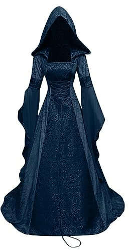 Cosplay Kostüm Damen Halloween Mittelalter Kleid Lang Bodenlanges Cocktailkleid mit Kapuze Korsett Gothic Kleider Elegante A-Linie Partykleid Trompetenärmel Abendkleid Frauen Ballkleid