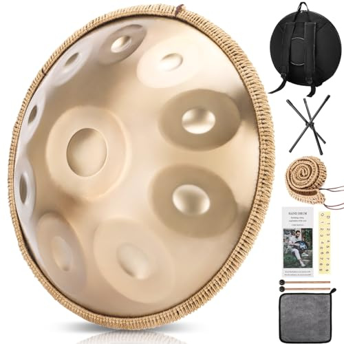 BIILOYY Handpan 440 Hz, 10 Töne, 22 Zoll, Gold, in D Minor, mit Ständer, Schlägeln und Tasche für Profis und Anfänger, Musiktherapie