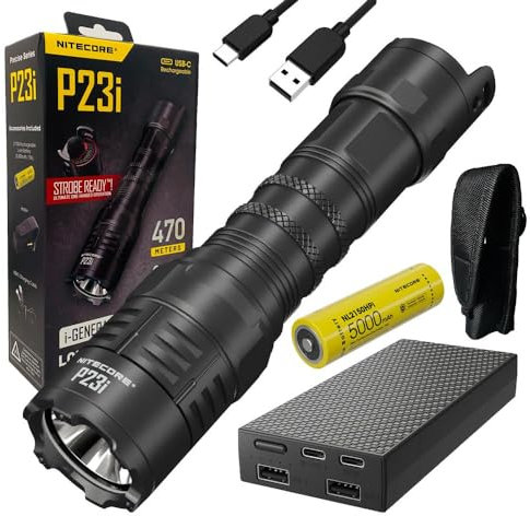 Nitecore P23i Long range Flashlight -3000 lumens w/Nitecore NB20000 20,000mAh PowerCharger and Eco-Sensa USB-C Charging Cable