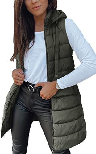 Imily Bela Damen Steppweste Lange Leichte Weste mit Kapuze Ärmellos Winterjacke Warm Übergangsweste,Areegrün, S