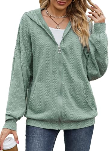 PANOZON Damen Hoodie Sweatjacke Kapuzenpullover Langarm Sweatshirt Kapuzenjacke Cropped Jacke mit Reißverschluss Grün M