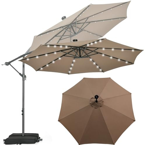 KOMFOTTEU 3x3m Sombrilla de Jardín con 40 Luces LED Solares | Parasol Inclinable Grande con Base Saco de Arena, Protección UV para Terraza, Patio, Piscina