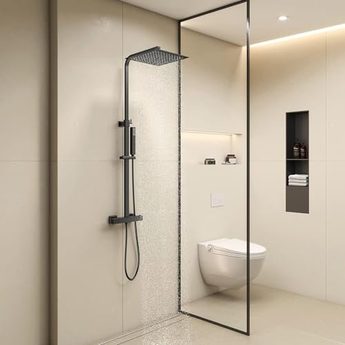 KOMIRO Colonne de Douche Noir, Colonne de Douche Thermostatique, 250x250 mm Douche de Tête et Haute Pression Douchette, Ensemble de Douche avec Mitigeur