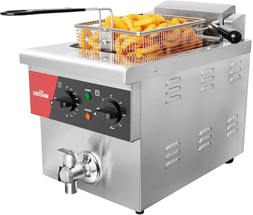 CROSSON Friteuse Electrique Professionnelle en acier inoxydable 8L,230V/3250W Friteuse a Huile électrique avec Robinet,Régulateur de Température 80℃-200℃,avec Panier et Couvercle