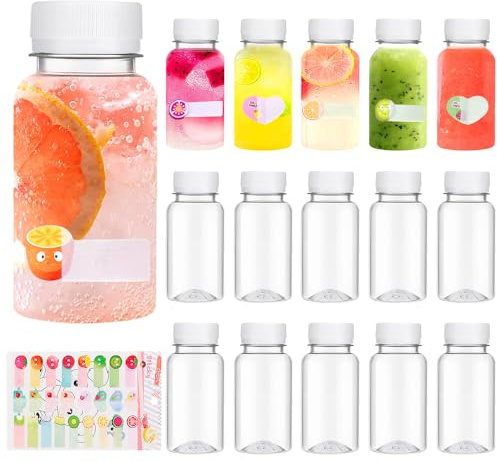 QHSXMQ 15 Pieza Botella de Zumo 100 ml, Botellas de Jugo de Plástico con Tapa Blanca,Tarros de Plastico con Pegatina, Mini Botellas para Frigorífico, Almacenar Zumo, Bebidas, Agua