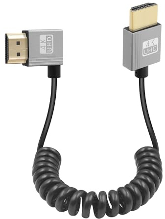 GELRHONR 4k Coiled HDTV Cable, High Speed 4K@60Hz - Thin Male to Male HDTV Extension Cord, Spring Flexible Cable for On-Camera Monitors,TV,Projector (Left Angle)