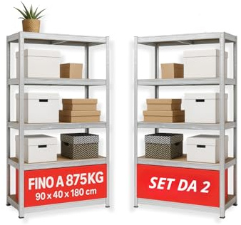 OWIJI Scaffale Metallo 5 Ripiani MDF Due Unità Zincato Capacità Carico 175 Kg Modulabile Componibile Ripiani Regolabili Dimensioni 90 x 40 x 180 cm Garage Dispensa Officina…