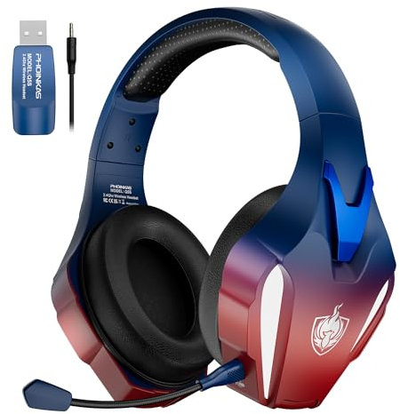 PHOINIKAS Auriculares Gaming Inalámbricos, Cascos Gaming para PS4/PS5/PC, Cascos Inalambricos con Micrófono Cancelación de Ruido Desmontable, 7.1 Estéreo, Luz LED (Azul Colorido)