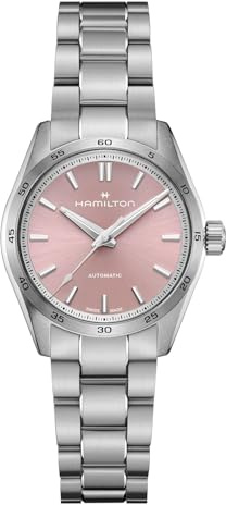 Hamilton Jazzmaster Performer Automatik-Herrenuhr, 34 mm Edelstahlgehäuse, Swiss Made, rosa Zifferblatt, analoge Armbanduhr, 100 m wasserdicht, Saphirglas, 3-Zeiger-Uhrwerk, Edelstahlarmband