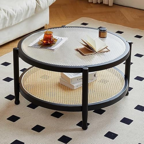 Runder Couchtisch mit Ablagefläche aus Rattan, 80 cm, kleine Glas-Couchtische für Wohnzimmer, moderner Bauernhaus-Holz-Couchtisch, Wohnzimmer-Couchtisch, Kreis, einfache Montage, schwarz, 80