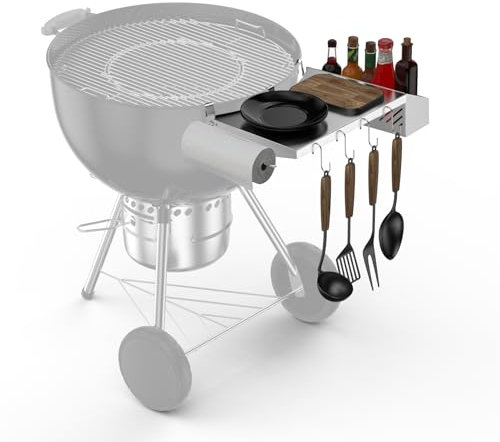 onlyfire BBQ Side Table for Weber 57cm Master-Touch & Original Kettle Charcoal Grills, Upgraded Grill Side Table with Paper Roll Towel Rack, Seasoning Box and Hooks