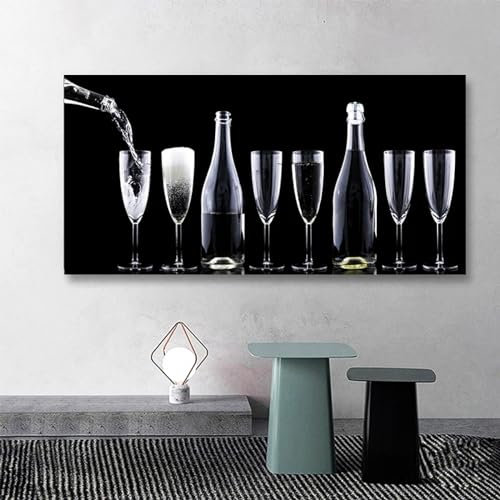 BMGKYAGL Quadri da parete con bottiglie di champagne nere, dipinti su tela con calici da vino, poster moderni da cocktail, stampe per l'arredamento della sala da pranzo, 30x45 cm, senza cornice