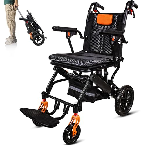SOFTFISH Transport Wheelchair Lightweight Foldable with Telescopic Handle, 20LBS Wheelchairs for Adults- Carbon Fiber Coating, Folding Small Narrow Wheelchair, Transfer Wheel Chair for Seniors Elderly