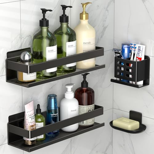 YESENT Duschregal aus schwarzer Aluminium, 4-teiliges Set,Ohne Bohren