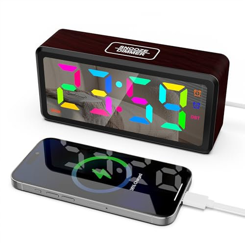 Lancoon LED Holzwecker DST Wochentag/Wochenende Modus Dual Alarm Snooze Dimmer Lautstärke einstellbar RGB 11 Farben Display für Kinder Jugendliche Rose