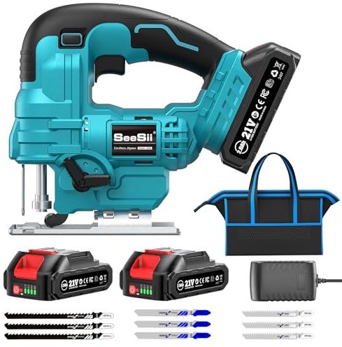 Seghetto Alternativo a Batteria Seesii 21V, Seghe da traforo Elettrico con 2 Batterie da 2.0 Ah, Velocità Variabile 2800 Giri/Minuto per Taglio Legno, Illuminazione LED, Tagli Obliqui 0°-45°