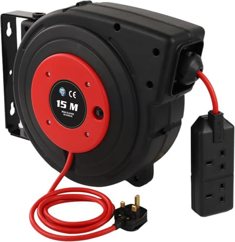 EnergyPro Retractable Extension Cable Reel, Automatic Wall/Ceiling Mounting for Garden, Fence, Workshop & Home Use, 50FT+4.5FT (15+1.5M) Red