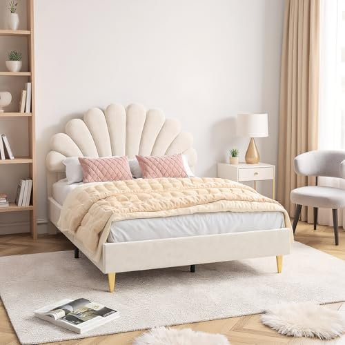JiaOyu Kinderbett Polsterbett 140x200 cm, Bettgestell für Mädchen mit geblümtem Kopfteil und Lattenrost, Samt Doppelbett muschelartiges Bett mit goldenen Eisenbeinen, ohne Matratze (Beige)