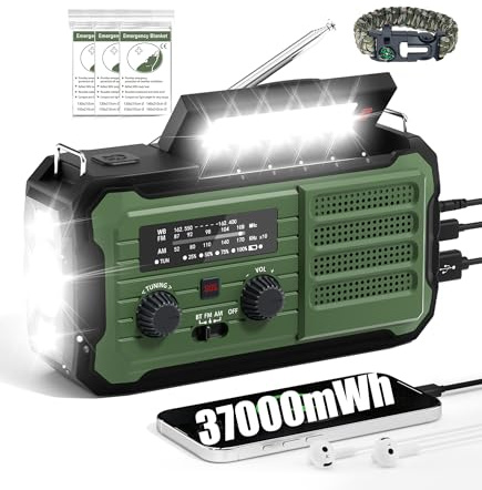 Emergency Radio Hand Crank Solar, 10000mAh/37000mWh Emergency Weather Radio, Hand Crank Solar Radios with NOAA/AM/FM, Thermal Blanket, Survival Bracelet, for Home & Outdoor