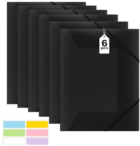 Dokumentenmappe A4, Sammelmappe 6 Stück, Postmappe A4 Schule, PP Kunststoff Ordnungsmappe Pultordner mit Gummizug, für Schule Bürobedarf (Black)