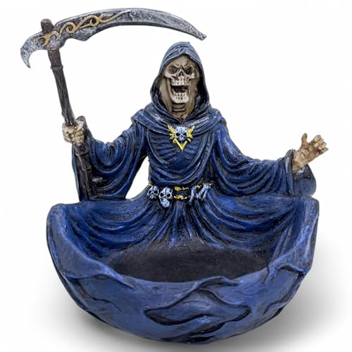 MIJOMA Gothic Aschenbecher – Sensenmann mit detailreicher Sense – dekoratives Polyresin Design – dunkler Blickfang für Bar, Balkon und Horror Fans