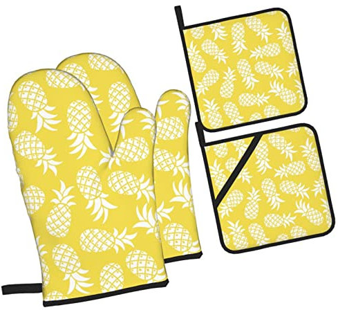 4 Pezzi Forno E Presine Guanti Pineapple Yellow Tropical Fruit Guanti Da Cucina Divertenti Professional Guanti Per Forno Da Cucina Per Microonde, Cottura Al Forno, Cottura Al Forno
