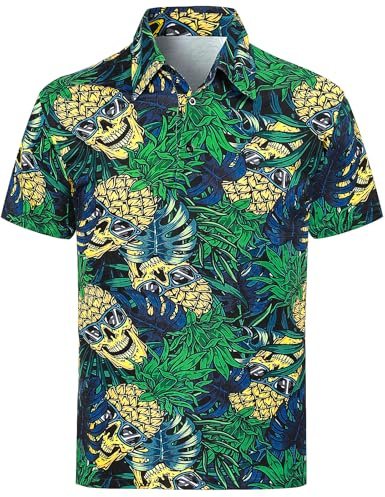 COSAVOROCK Ananas-Tröjor Herrpolotröja Kortärmad Hawaii-Tryckt Dräkt, Svart, L