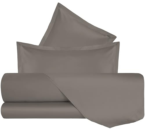 Mahome Set Lenzuola Matrimoniale Pregiato Raso di Cotone 100% 300 fili (TC) Artigianale - Lenzuolo con Angoli 180x200x27cm, Lenzuolo Sopra 260x300cm, 2 Federe con Volant - Made in Italy – Tortora