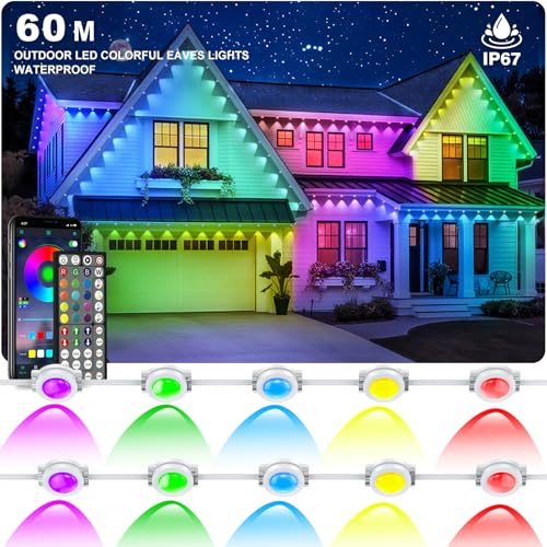 INZIDOL Permanent Outdoor Lights,60m RGB Waterproof Eaves Lights, Party Daily RGB Roof Edge Lighting with App Control and Remote Control IP 68 Outdoor Fairy Lights for Christmas Lighting (60M)