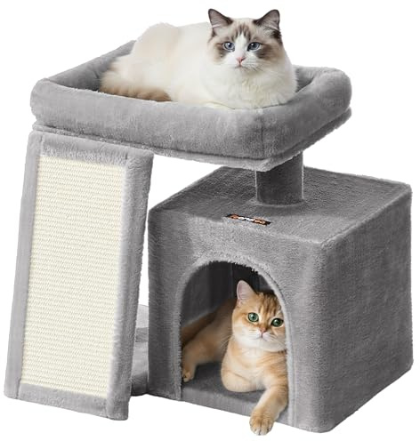 Feandrea Albero per Gatti Piccolo, Torre Tiragraffi per Gatti con Casetta, Rampa Graffiatoio Grande, Cuccia Superiore, Grotta, Alto 44,6 cm, Grigio Tortora PCT010GD01