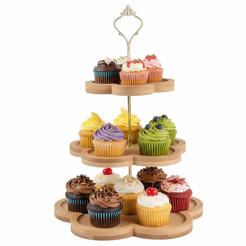 Alzata per Cupcake a 3 Livelli, Supporto per Torta in Legno, Espositore per Dolci a 3 Piani, Alzatina per Antipasti da Tavolo con Manico in Metallo per Feste di Compleanno, Matrimoni, Feste di Natale