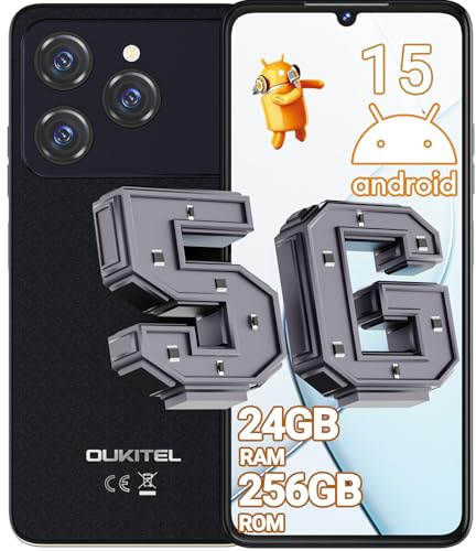 OUKITEL C6 Mobile Phones, 24GB+256GB/1TB Android Phones, 6.8’’HD+ 90Hz Smartphone, 5150mAh Battery, 5G Dual SIM Free Mobile Phone Unlocked, 50MP+5MP Camera, Face ID & Fingerprint, OTG, GPS, Black